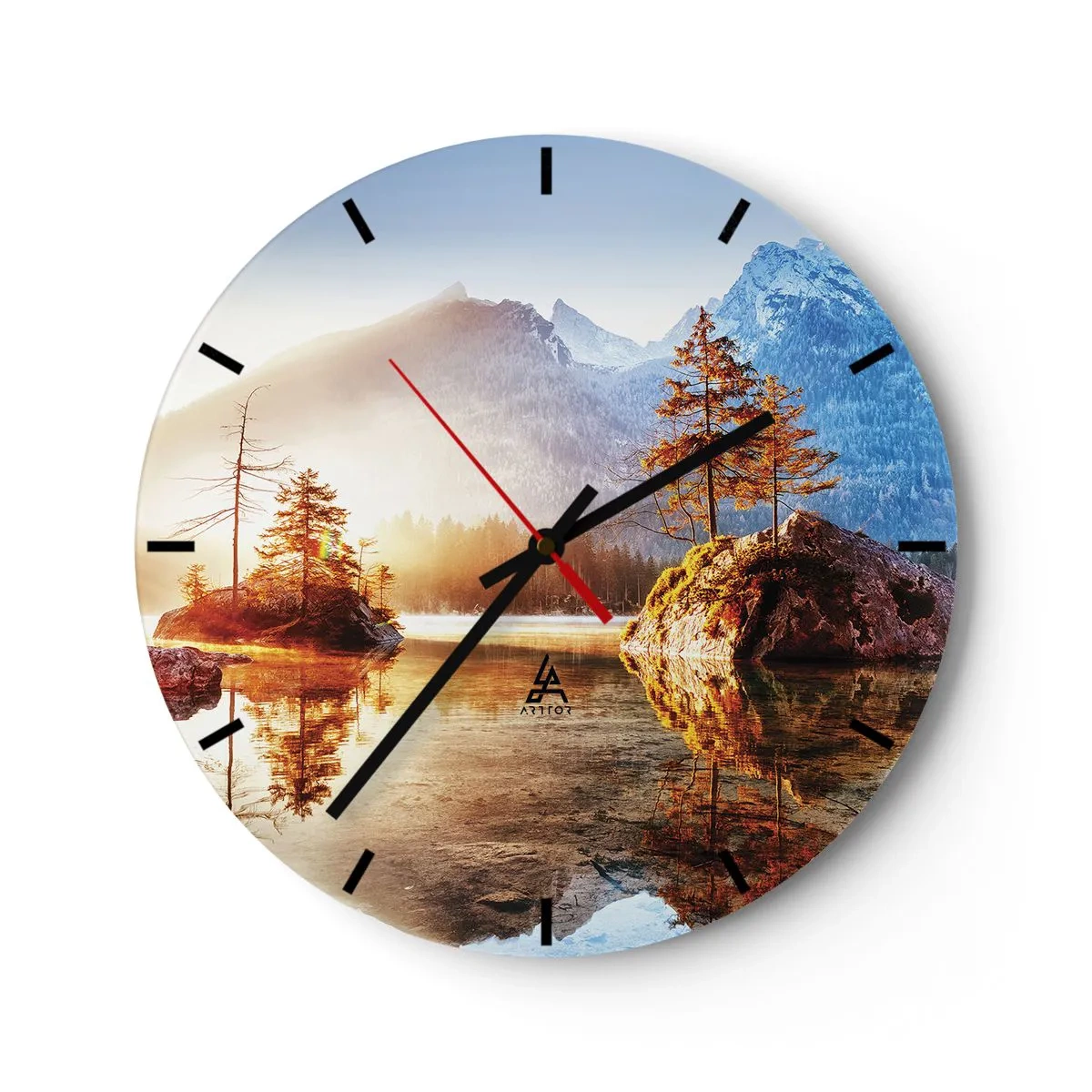 Relógio de parede - Relógio em vidro - Um lago de montanha com ilhas e árvores sob os raios do sol - 30x30cm - A natureza sob uma nova luz - Decoração de parede moderna para a sala de estar, cozinha e quarto ARTTOR