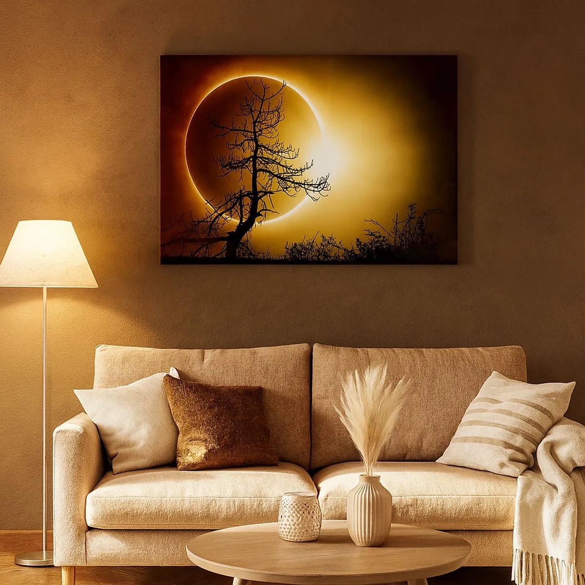 Quadro em tela - Eclipse solar com a silhueta de uma árvore em primeiro plano - 70x50cm - Eclipse total - Decoração de parede moderna para a sala de estar e quarto ARTTOR
