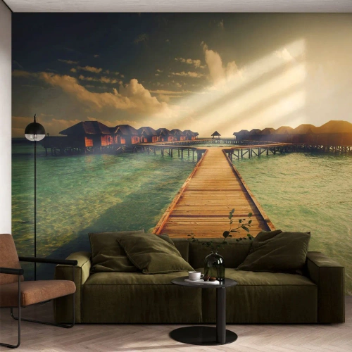 Papel de Parede Premium Sand - Um convite caloroso - Maldivas, Paisagem, Casas na Água - 100x70 cm