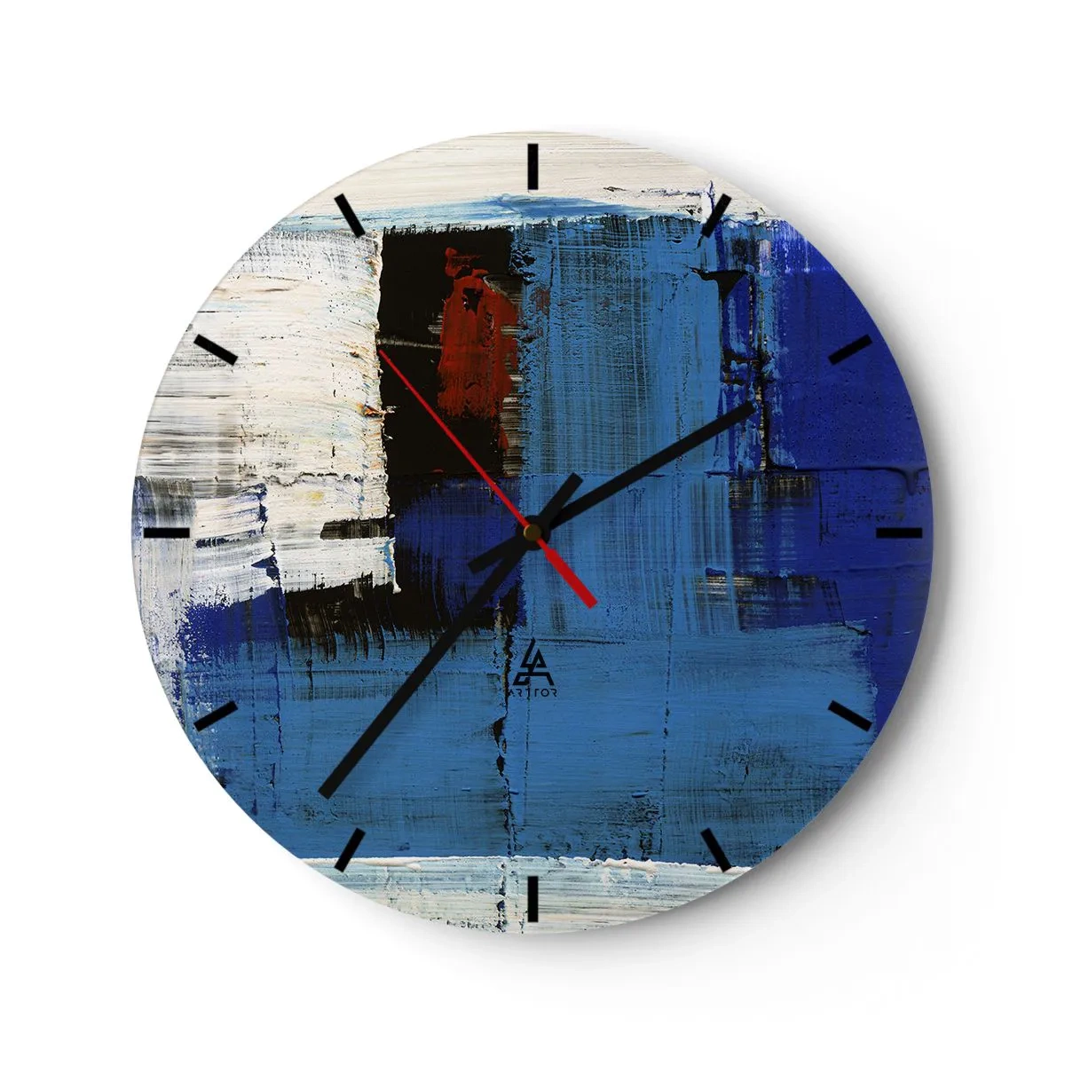 Relógio de parede - Relógio em vidro - Abstração moderna com azul dominante e toques de vermelho. - 30x30cm - O segredo do azul - Decoração de parede moderna para a sala de estar, cozinha e quarto ARTTOR