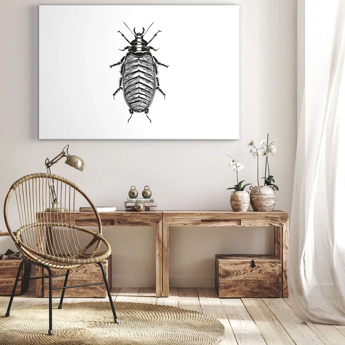 Quadro em tela - Gráfico de um inseto preto e branco em um fundo branco - 70x50cm - Que exemplo! - Decoração de parede moderna para a sala de estar e quarto ARTTOR