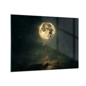 Quadro em vidro - Uma figura em uma rocha segurando a lua, que está presa em uma corda. - 70x50cm - Aquele que roubou a lua - Decoração de parede moderna para a sala de estar e quarto ARTTOR