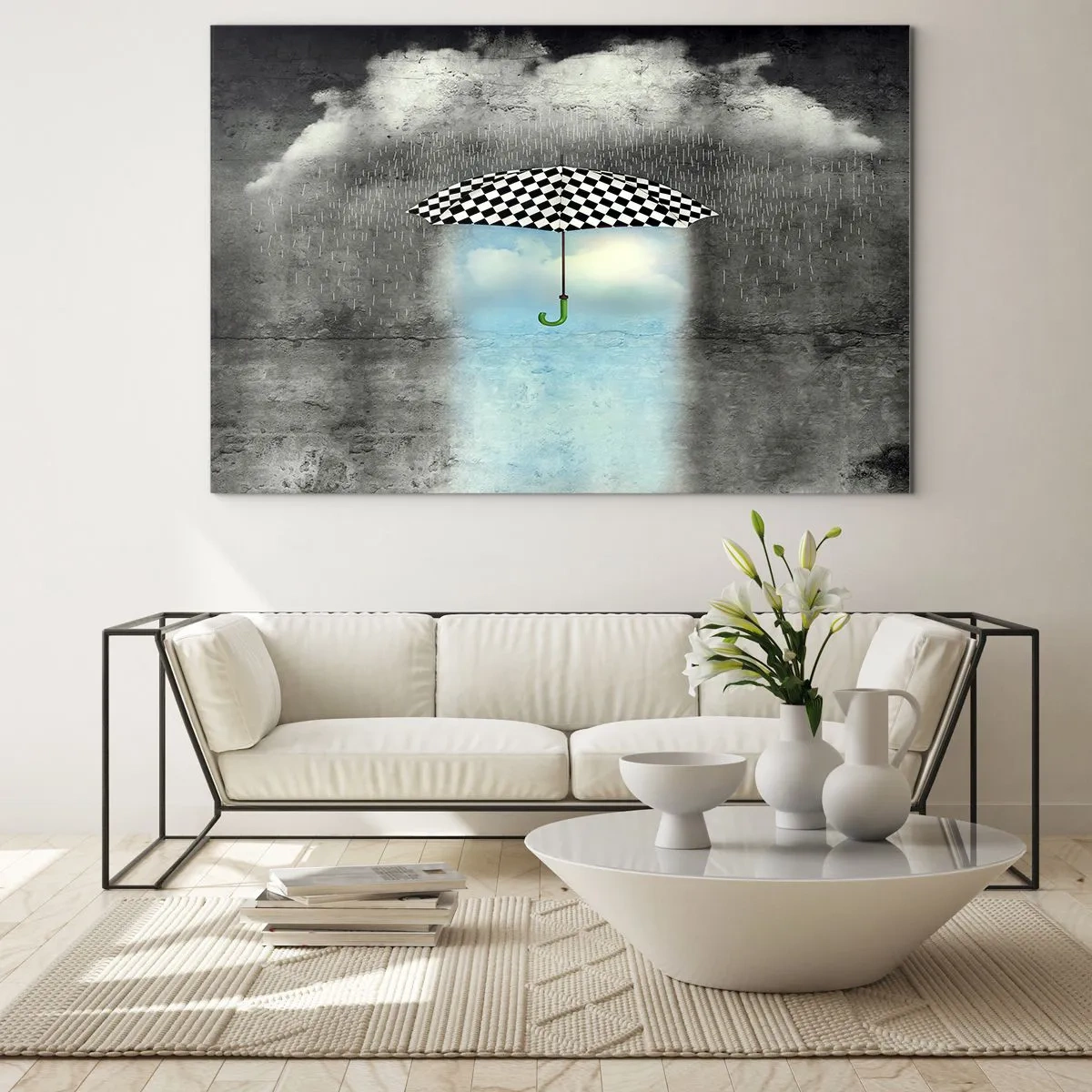 Quadro em vidro - Um guarda-chuva xadrez preto e branco contra um fundo de chuva e nuvens - 70x50cm - No entanto, é possível - Decoração de parede moderna para a sala de estar e quarto ARTTOR