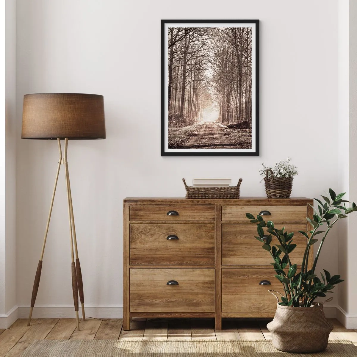Pôster com moldura preta - Um caminho na floresta em tons sépia outonais - 50x70cm - Catedral na Floresta - Decoração de parede moderna para a sala de estar e quarto ARTTOR
