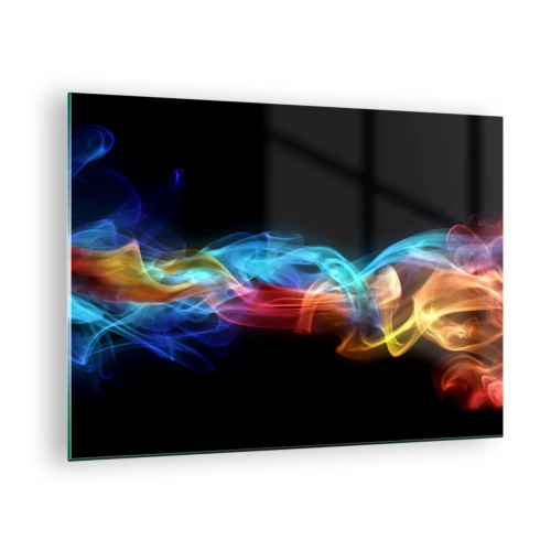 Quadro em vidro - Listras de fumaça coloridas em um fundo preto criando um padrão abstrato - 70x50cm - Dança da névoa em arco-íris - Decoração de parede moderna para a sala de estar e quarto ARTTOR