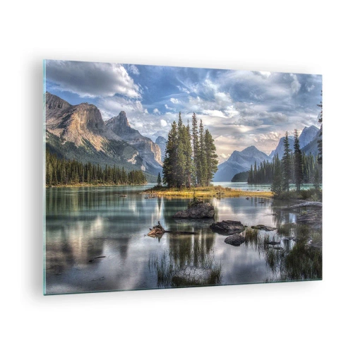 Quadro em vidro - Um lago pitoresco com uma ilha e montanhas ao fundo - 70x50cm - Por águas grandes e límpidas… - Decoração de parede moderna para a sala de estar e quarto ARTTOR