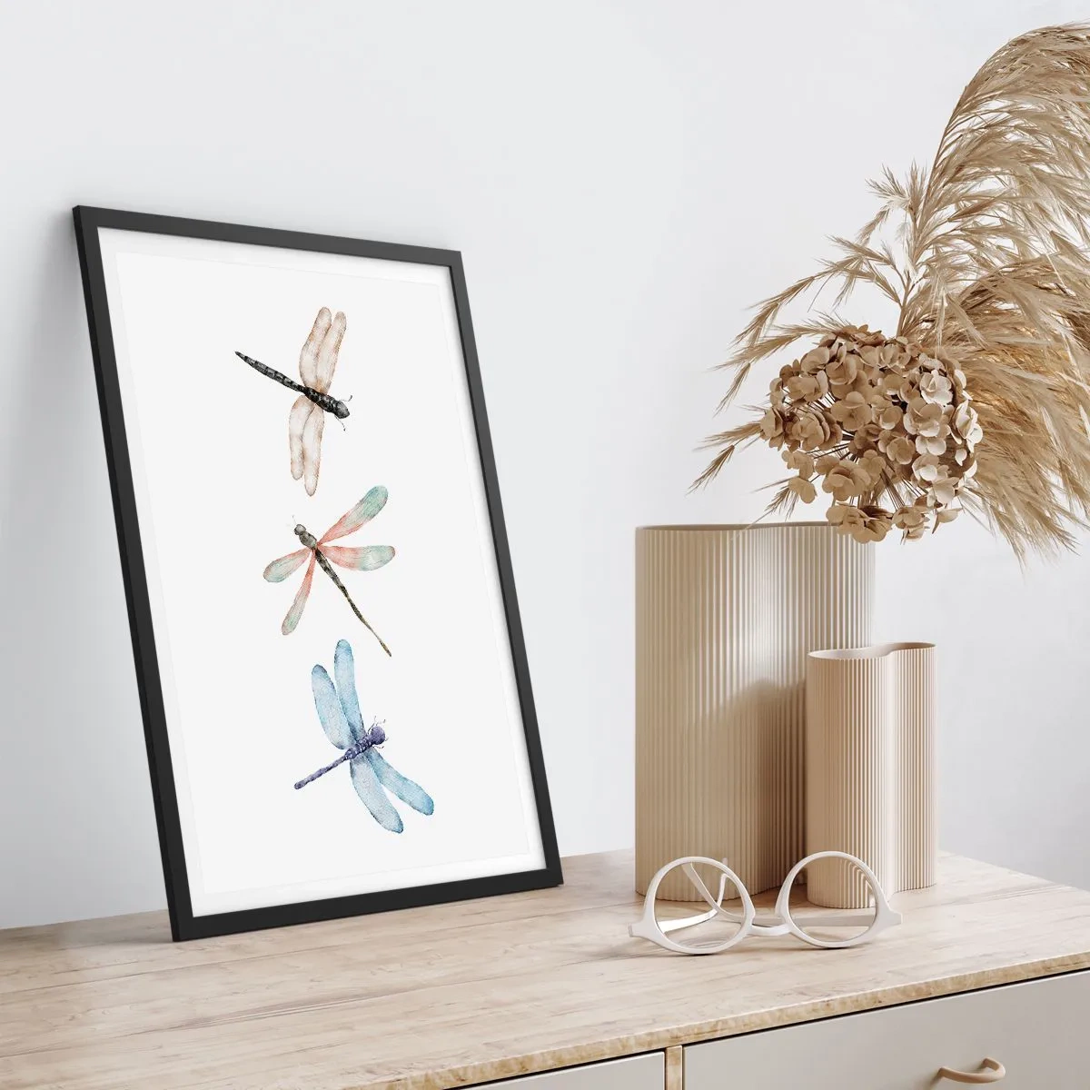 Pôster com moldura preta - Três libélulas pintadas em aquarela - 50x70cm - Libélulas sem peso - Decoração de parede moderna para a sala de estar e quarto ARTTOR