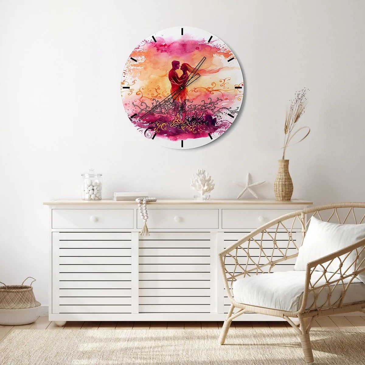 Relógio de parede - Relógio em vidro - Uma cena de amor com um casal em cores aquarela - 30x30cm - Um coração! Eu não preciso de tão pouco... - Decoração de parede moderna para a sala de estar, cozinha e quarto ARTTOR