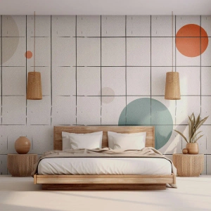 Papel de Parede Standard Eco - Círculos coloridos em um fundo de uma grade de linhas pretas finas - 100x70cm - Encurralado. Nós ou eles? - Decoração de parede moderna para a sala de estar e quarto ARTTOR