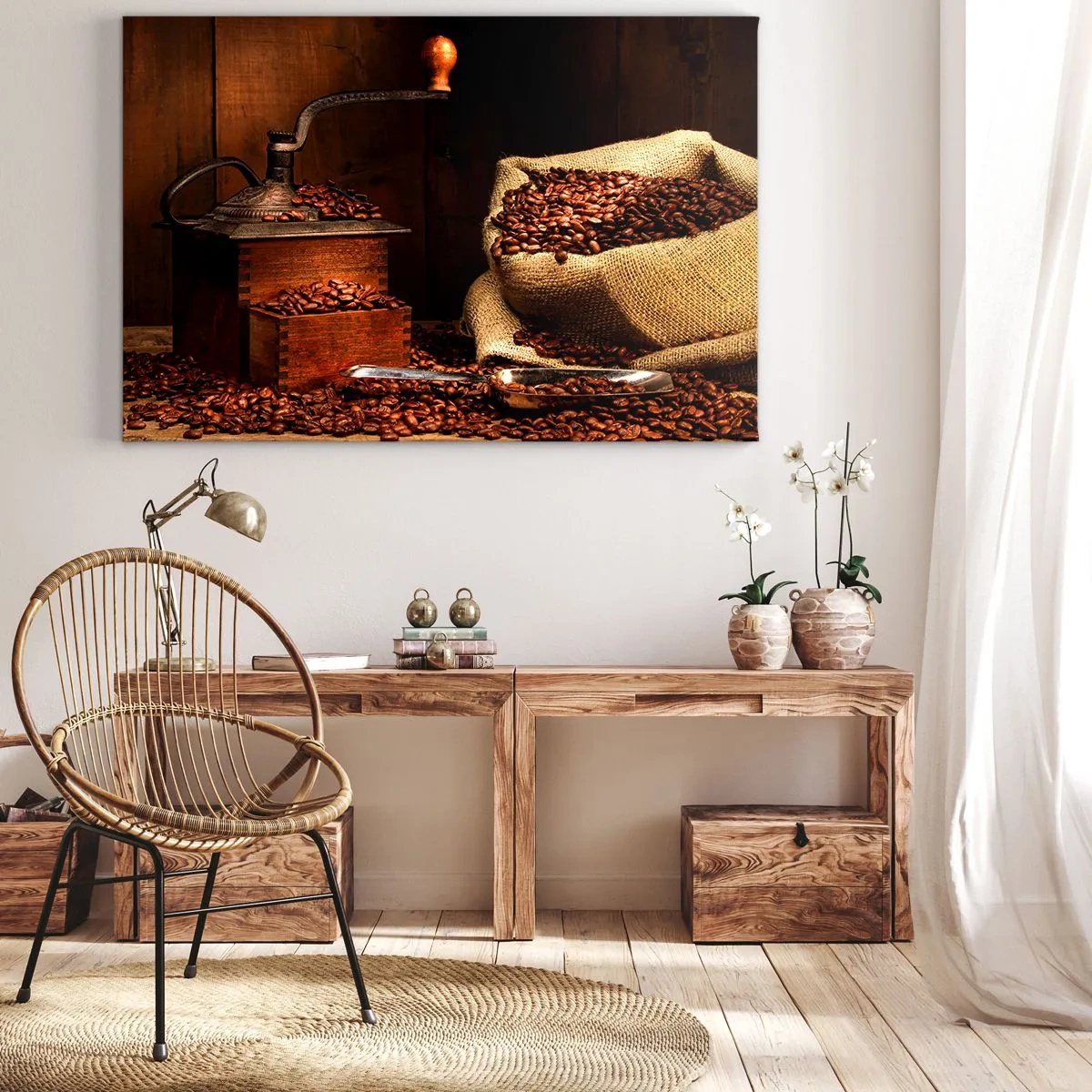 Quadro em tela - Um antigo moedor de café com grãos e um saco em estilo rústico. - 70x50cm - Natureza morta com grãos de café e moedor - Decoração de parede moderna para a sala de estar e quarto ARTTOR
