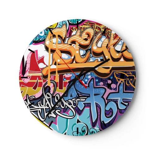Relógio de parede - Relógio em vidro - Um mostrador de relógio com um motivo de grafite em cores brilhantes - 30x30cm - Murais, murais, murais... - Decoração de parede moderna para a sala de estar, cozinha e quarto ARTTOR