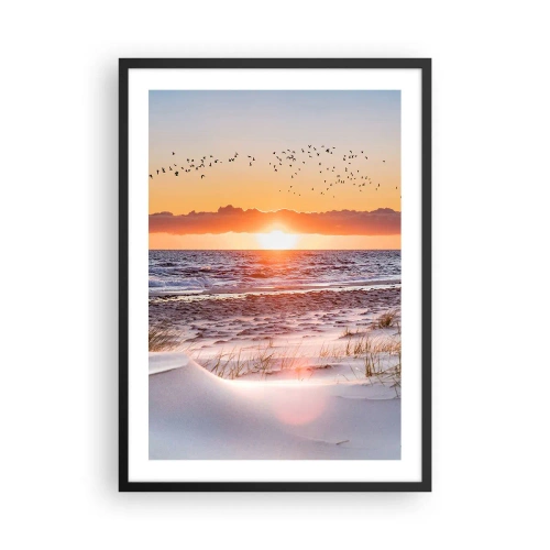 Pôster com moldura preta - Pôr do sol sobre o mar com pássaros no horizonte e a praia - 50x70cm - Paisagem horizontal - Decoração de parede moderna para a sala de estar e quarto ARTTOR