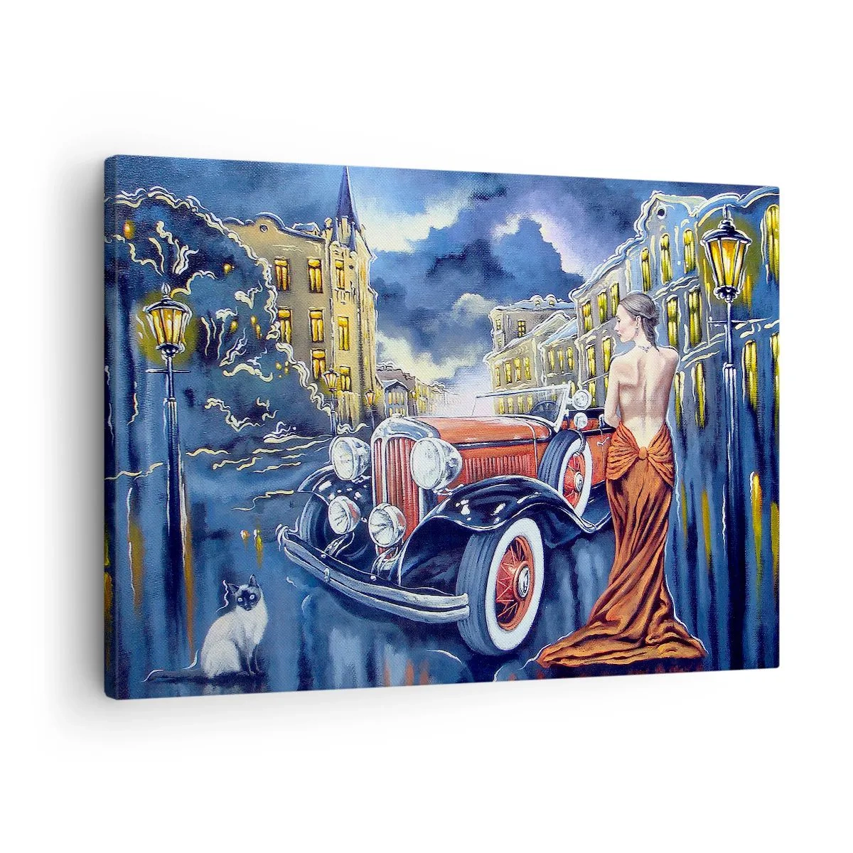 Quadro em tela - Uma mulher com um vestido elegante perto de um carro retrô à noite - 70x50cm - Música instrumental em azul e coral - Decoração de parede moderna para a sala de estar e quarto ARTTOR
