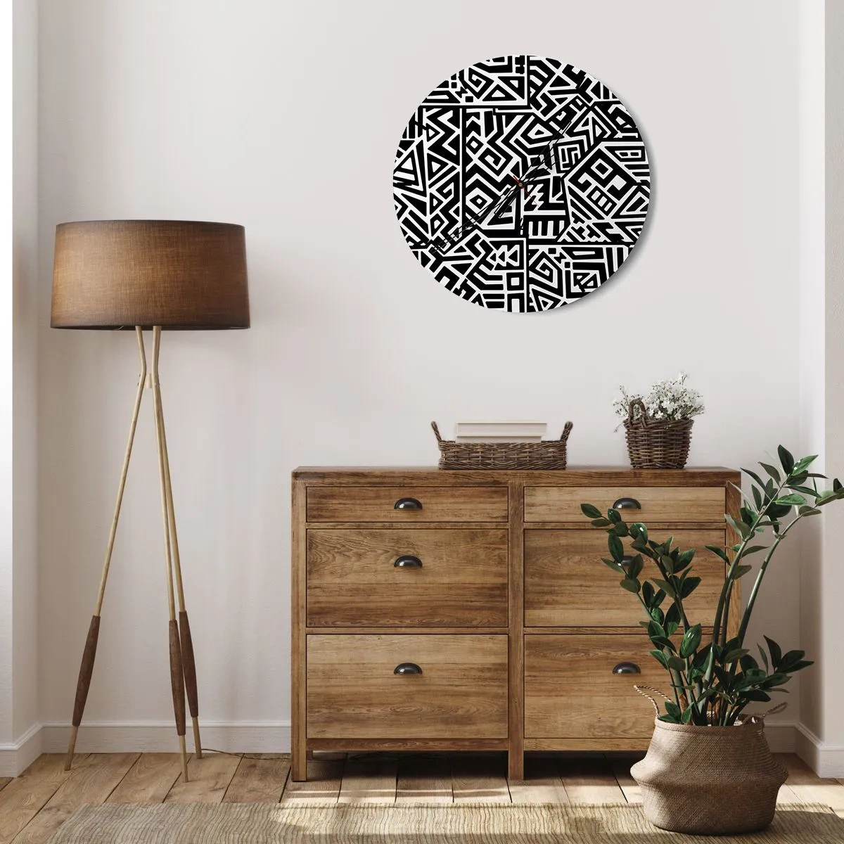 Relógio de parede - Relógio em vidro - Composição em preto e branco de padrões geométricos - 30x30cm - Composição pré-colombiana - Decoração de parede moderna para a sala de estar, cozinha e quarto ARTTOR