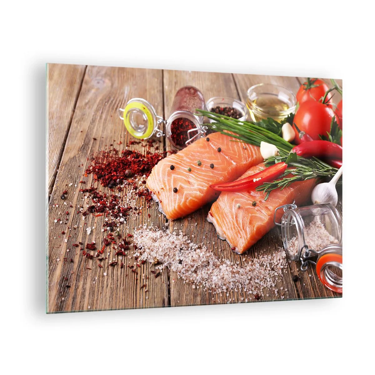 Quadro em vidro - Filés de salmão com especiarias em uma bancada de madeira - 70x50cm - Aventura norueguesa na cozinha - Decoração de parede moderna para a sala de estar e quarto ARTTOR