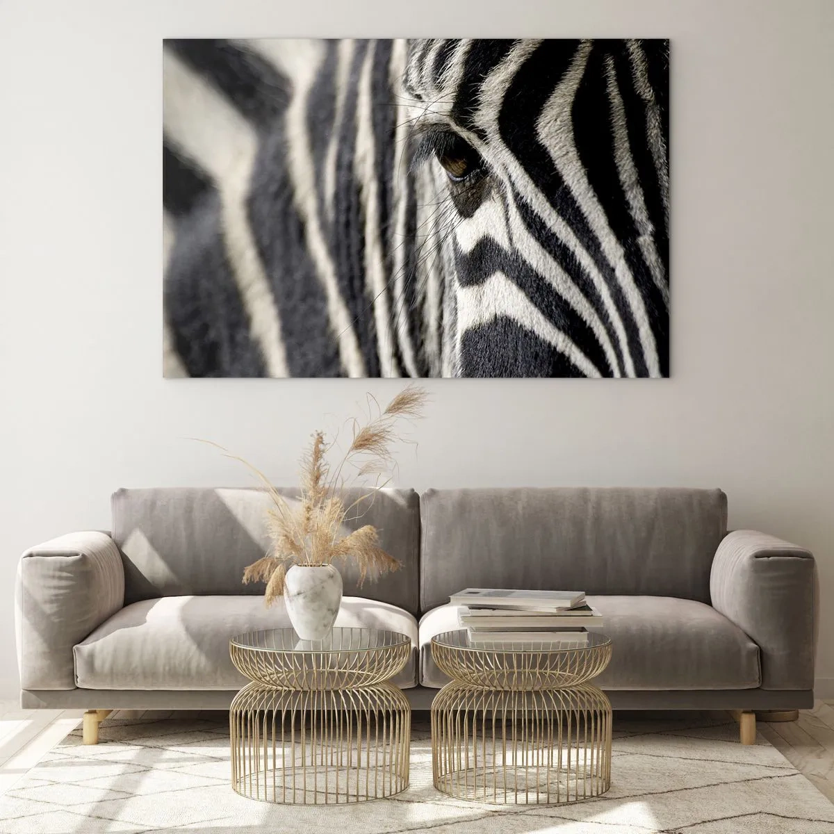 Quadro em vidro - Close-up do olho de uma zebra e listras pretas e brancas - 70x50cm - Retrato em listras - Decoração de parede moderna para a sala de estar e quarto ARTTOR