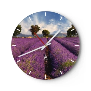 Relógio de parede - Relógio em vidro - Um campo de lavanda com vista para as montanhas - 30x30cm - Prados de lavanda - Decoração de parede moderna para a sala de estar, cozinha e quarto ARTTOR