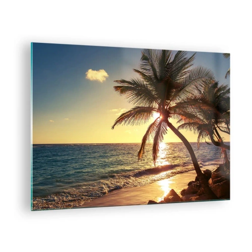 Quadro em vidro - Praia tropical com palmeiras à luz do pôr do sol - 70x50cm - Verão sob as palmeiras - Decoração de parede moderna para a sala de estar e quarto ARTTOR