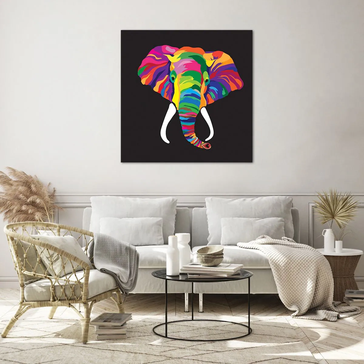 Quadro em vidro - O elefante que adorava banhar-se no arco-íris - 60x60 cm