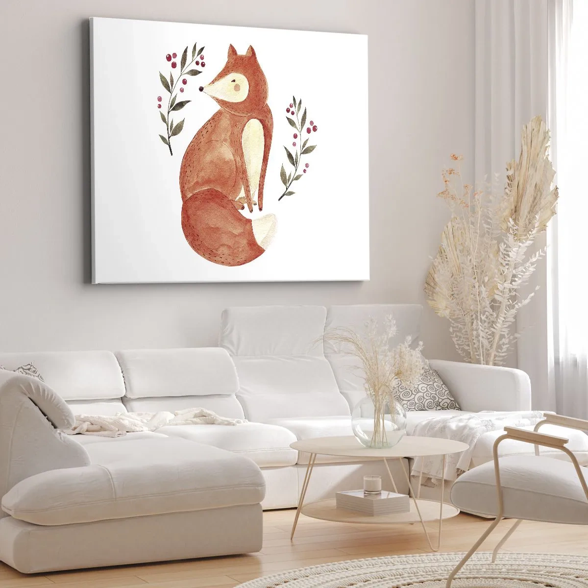 Quadro em tela - Uma raposa em aquarela cercada por galhos com frutas - 70x50cm - Pequeno ruivo - Decoração de parede moderna para a sala de estar e quarto ARTTOR