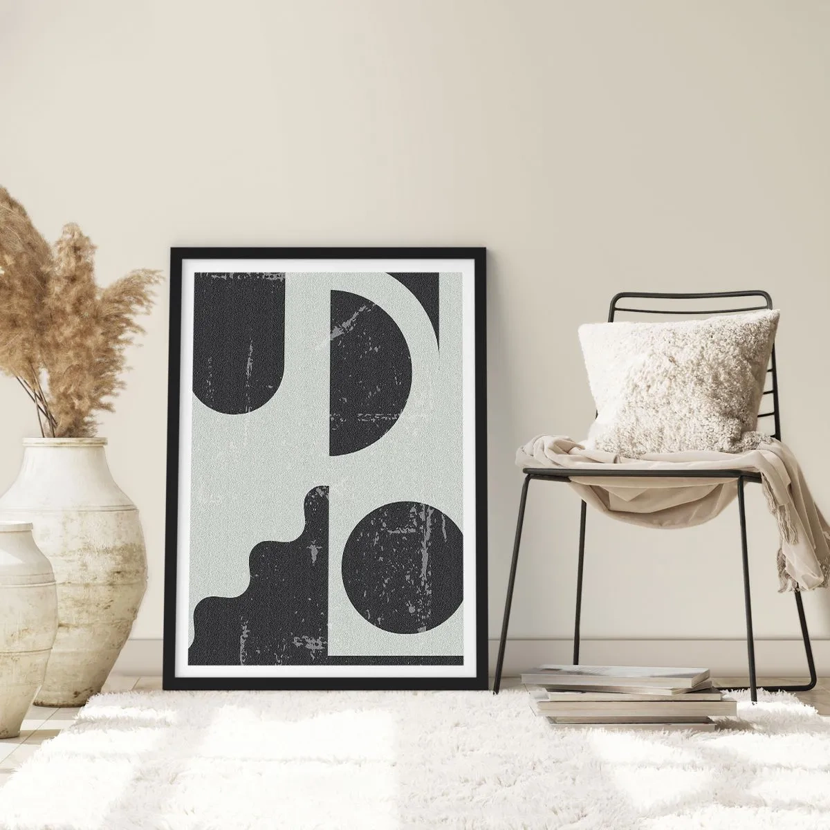 Pôster com moldura preta - Composição geométrica abstrata em preto e cinza - 50x70cm - Composição acima e abaixo - Decoração de parede moderna para a sala de estar e quarto ARTTOR