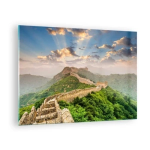 Quadro em vidro - A Grande Muralha da China em uma paisagem montanhosa - 70x50cm - Grandeza eterna - Decoração de parede moderna para a sala de estar e quarto ARTTOR