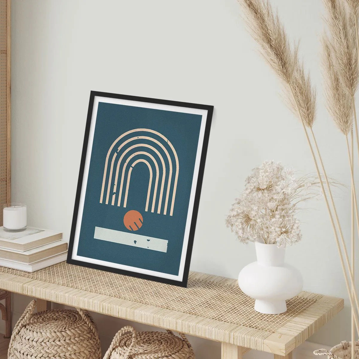 Pôster com moldura preta - Arcos geométricos e uma esfera em um fundo escuro - 50x70cm - Geometria em azul marinho - Decoração de parede moderna para a sala de estar e quarto ARTTOR
