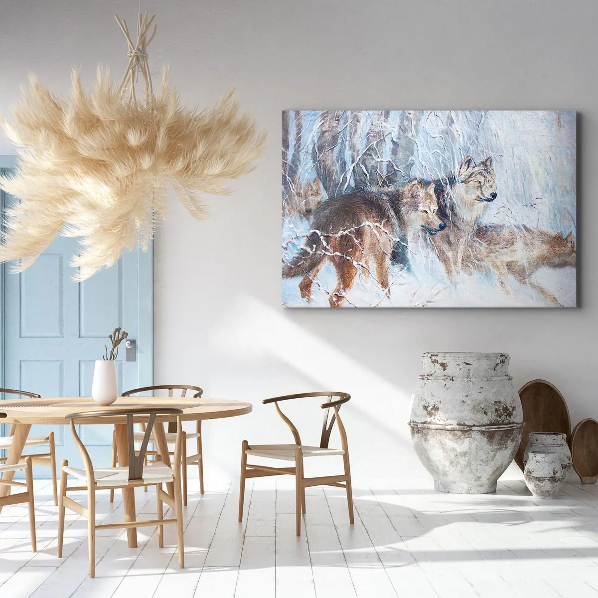 Quadro em tela - Lobos em uma floresta de inverno com fundo de neve - 70x50cm - Atenção! Está a vir... - Decoração de parede moderna para a sala de estar e quarto ARTTOR