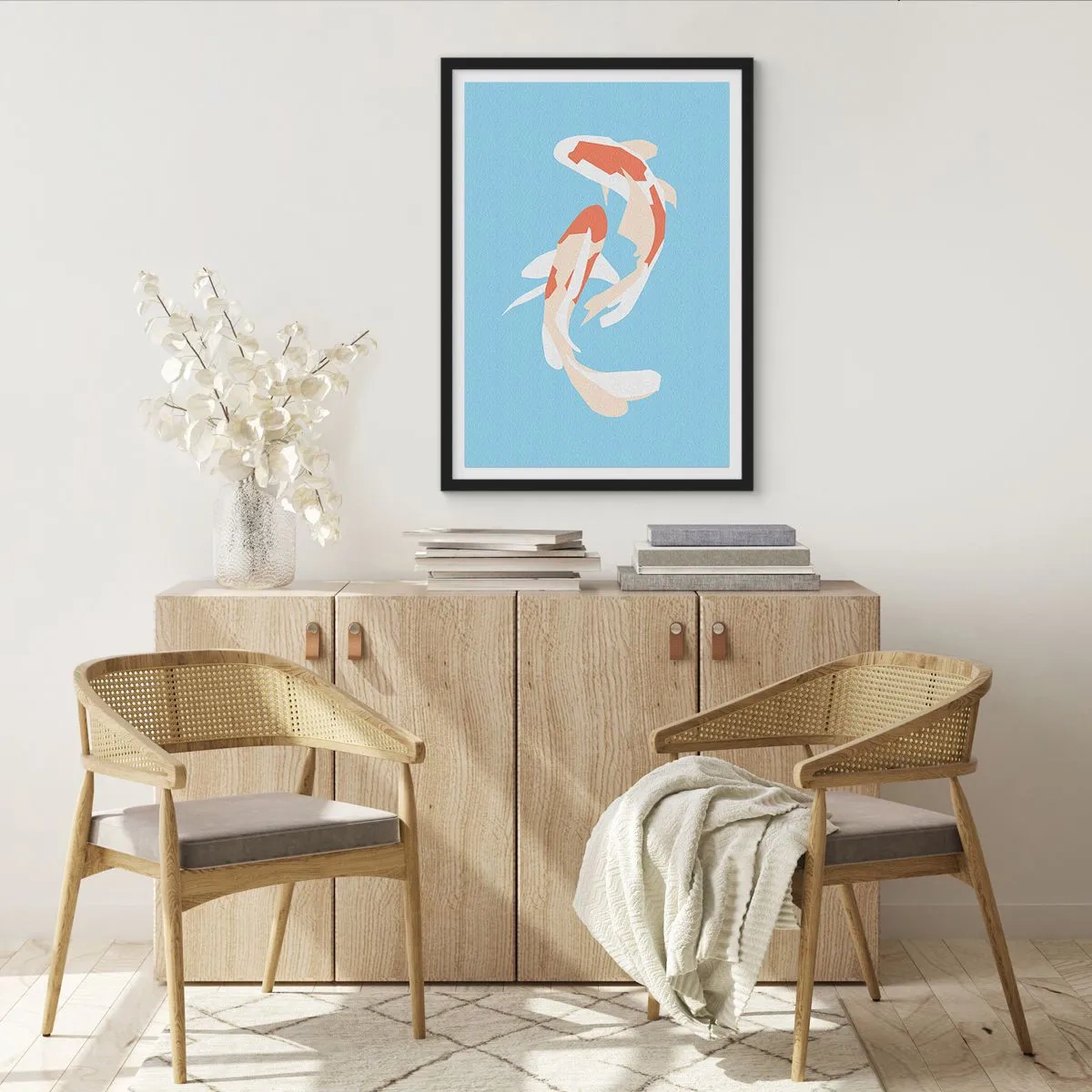 Pôster com moldura preta - Dois peixes koi nadando em harmonia - 50x70cm - Nado sincronizado espontâneo - Decoração de parede moderna para a sala de estar e quarto ARTTOR