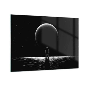 Quadro em vidro - Astronauta em pé em frente a um planeta em preto e branco - 70x50cm - Cara a cara - Decoração de parede moderna para a sala de estar e quarto ARTTOR