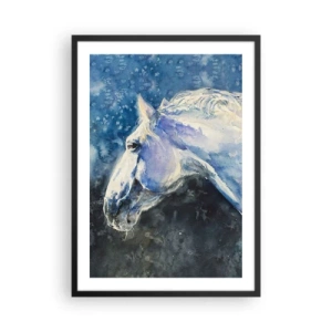 Pôster com moldura preta - Retrato de um cavalo em tons de aquarela azul - 50x70cm - Retrato com um brilho azul - Decoração de parede moderna para a sala de estar e quarto ARTTOR