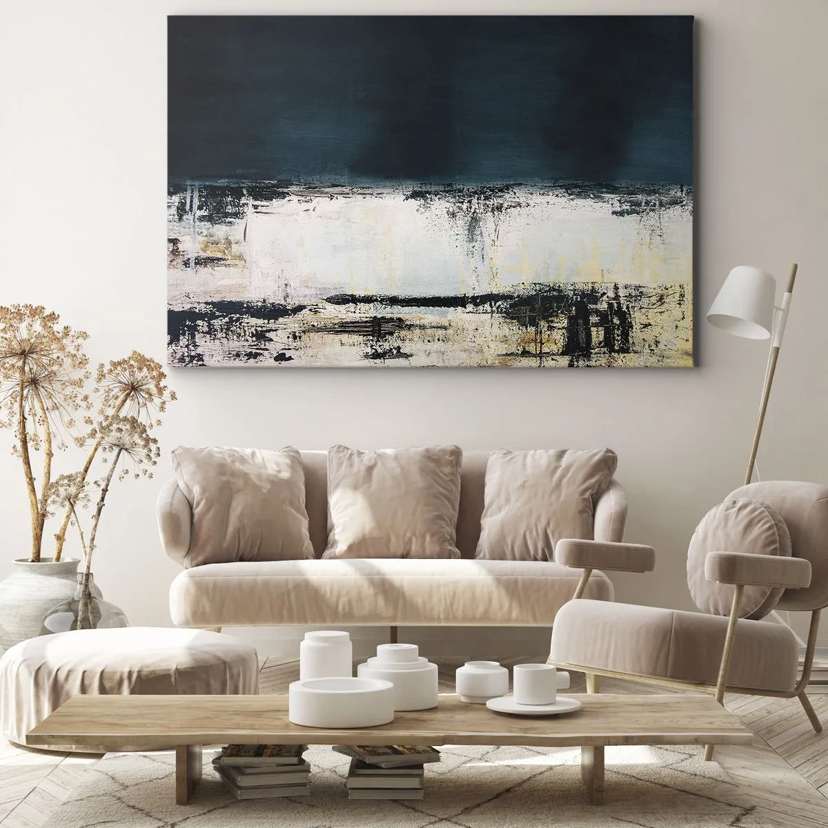 Quadro em tela - Composição horizontal abstrata em tons de azul marinho e branco - 70x50cm - Composição horizontal - Decoração de parede moderna para a sala de estar e quarto ARTTOR