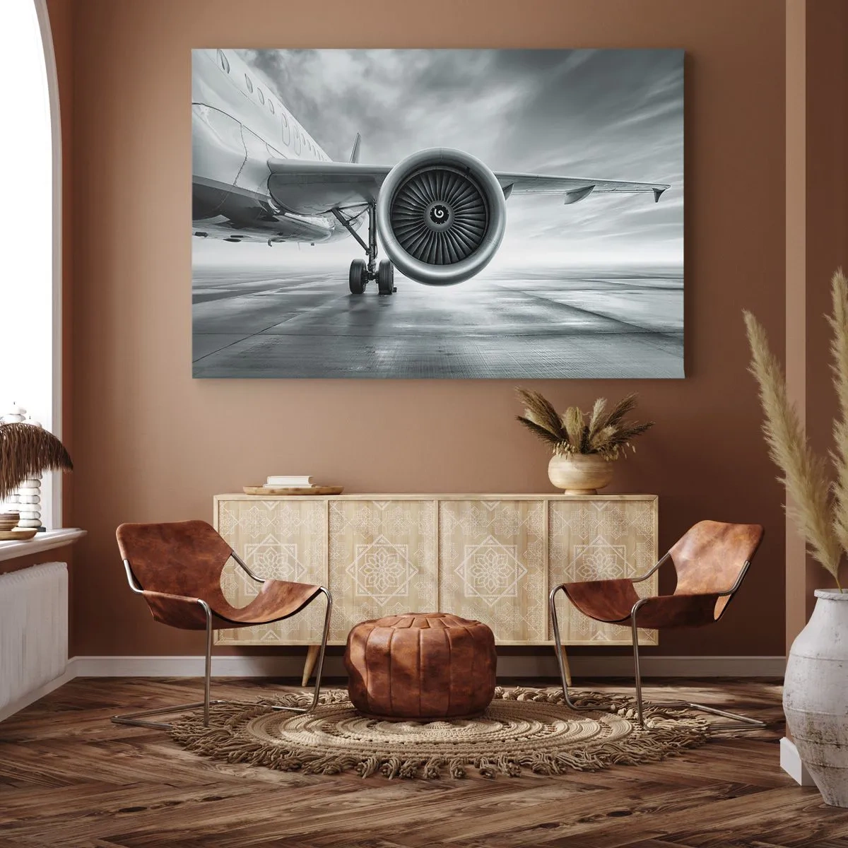 Quadro em tela - O motor a jato de um avião na pista - 70x50cm - Há poder! - Decoração de parede moderna para a sala de estar e quarto ARTTOR