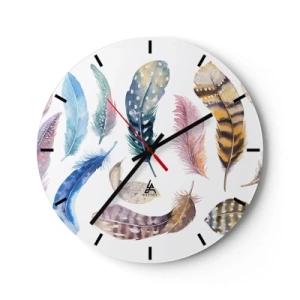 Relógio de parede - Relógio em vidro - Penas coloridas em estilo aquarela - 30x30cm - Leve, heterogéneo e multicolorido - Decoração de parede moderna para a sala de estar, cozinha e quarto ARTTOR