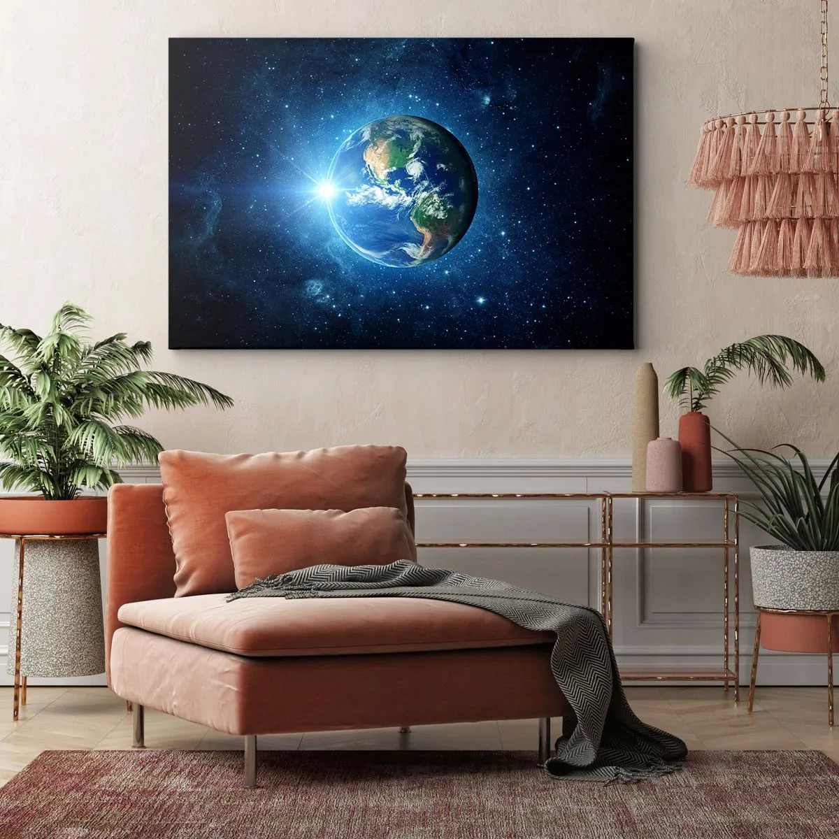 Quadro em tela - Terra no espaço cercada por estrelas e luz - 70x50cm - Estamos no céu - Decoração de parede moderna para a sala de estar e quarto ARTTOR