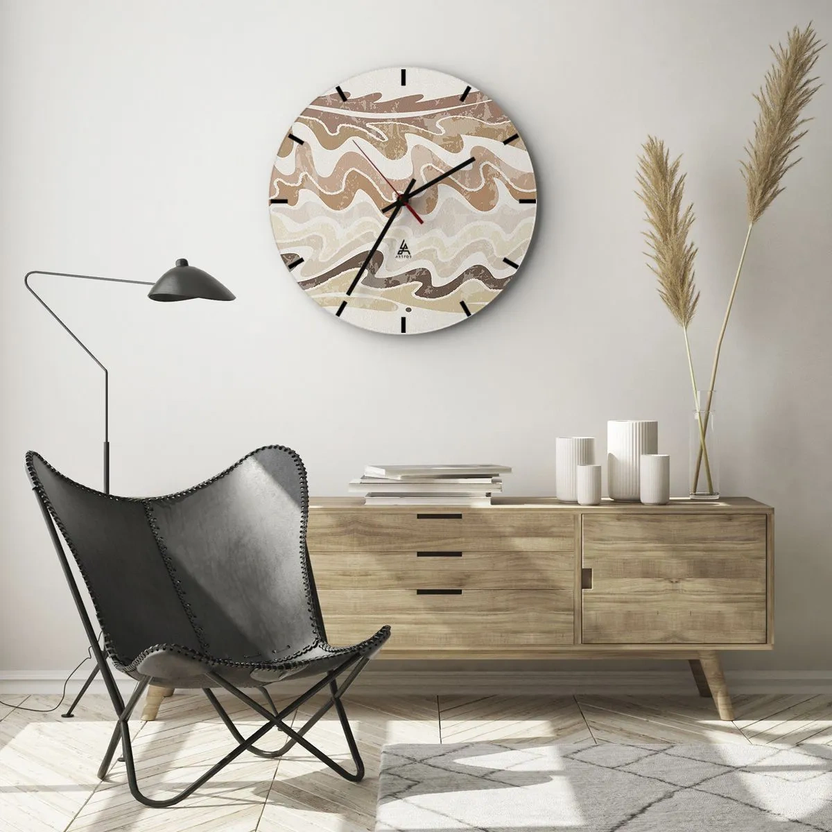 Relógio de parede - Relógio em vidro - Linhas onduladas em tons quentes e arenosos - 30x30cm - Boa energia – boas emoções - Decoração de parede moderna para a sala de estar, cozinha e quarto ARTTOR