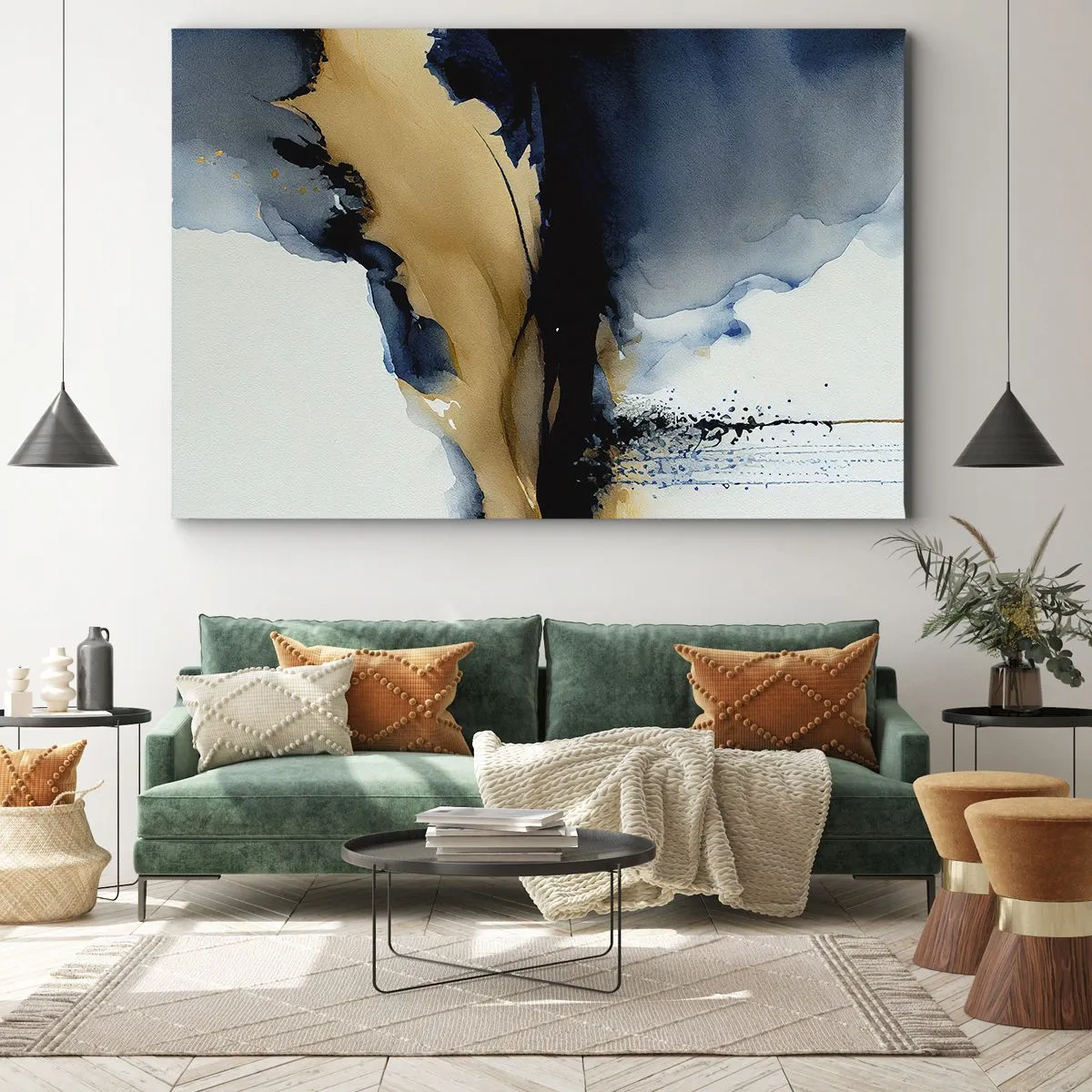 Quadro em tela - Uma composição abstrata em tons de azul marinho e dourado - 70x50cm - Atrás da cortina - Decoração de parede moderna para a sala de estar e quarto ARTTOR