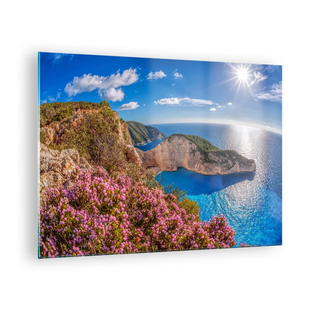 Quadro em vidro - Paisagem grega com penhascos, mar e arbustos floridos - 70x50cm - As minhas grandes férias gregas - Decoração de parede moderna para a sala de estar e quarto ARTTOR
