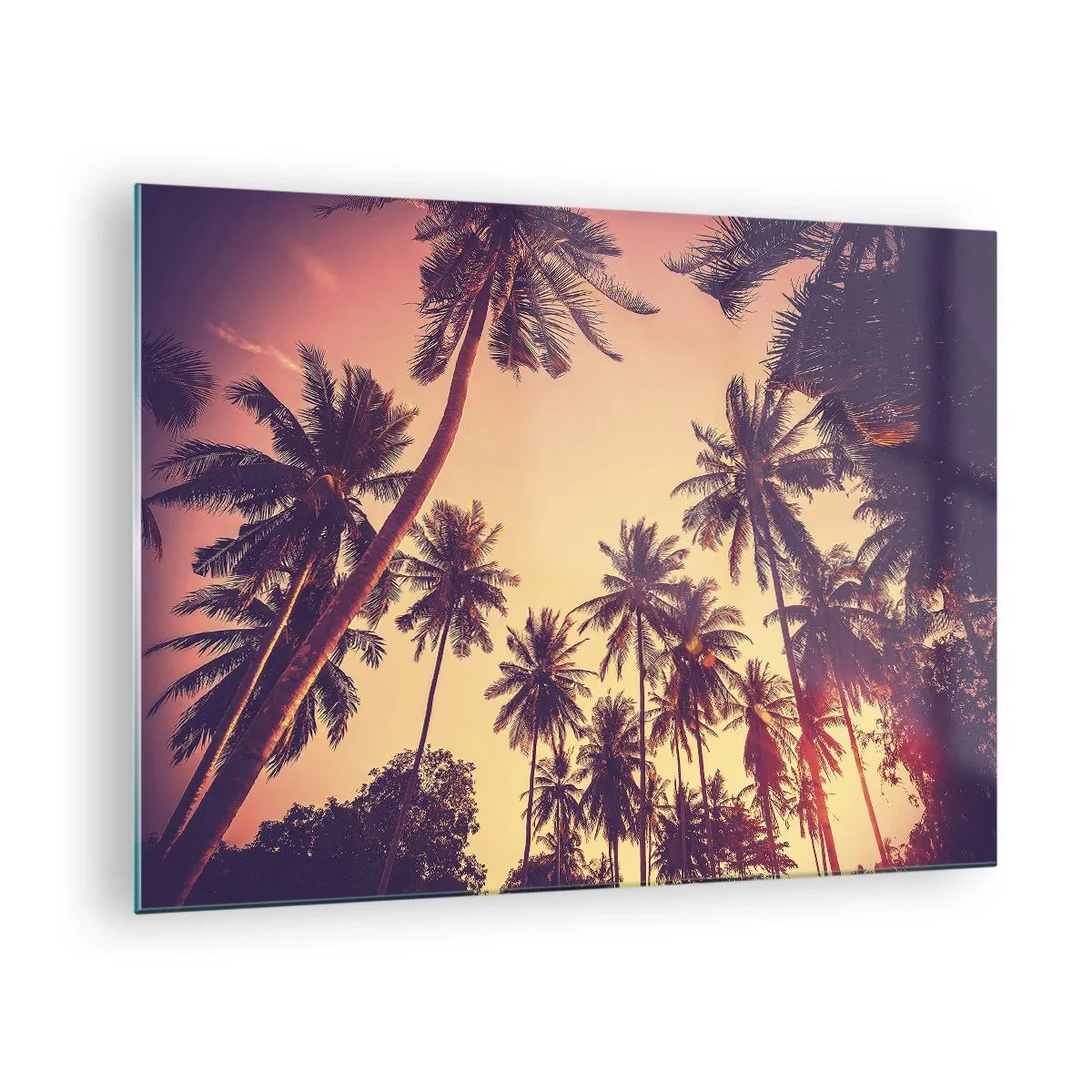 Quadro em vidro - Palmeiras sob os raios do sol poente - 70x50cm - Variação tropical - Decoração de parede moderna para a sala de estar e quarto ARTTOR