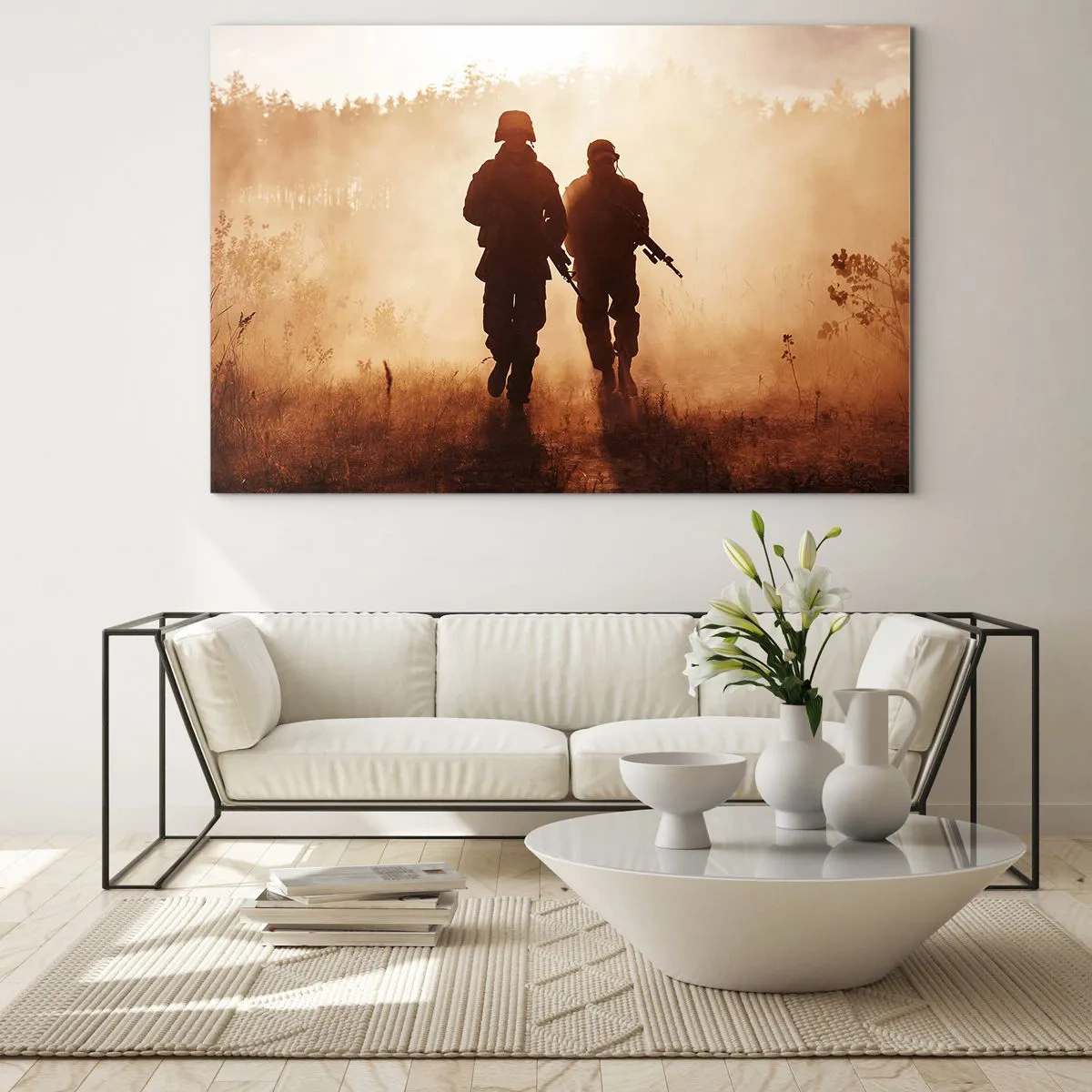 Quadro em vidro - Dois soldados em ação tendo como pano de fundo o pôr do sol - 70x50cm - Call of Duty - Decoração de parede moderna para a sala de estar e quarto ARTTOR