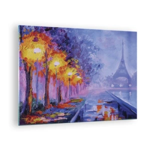 Quadro em vidro - Passeio noturno em Paris com a Torre Eiffel - 70x50cm - Uma caminhada dos sonhos - Decoração de parede moderna para a sala de estar e quarto ARTTOR