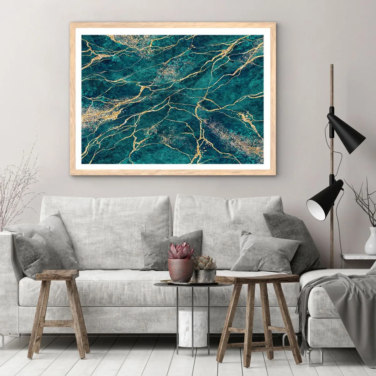 Pôster com moldura de carvalho claro - Veia dourada - 100x70 cm