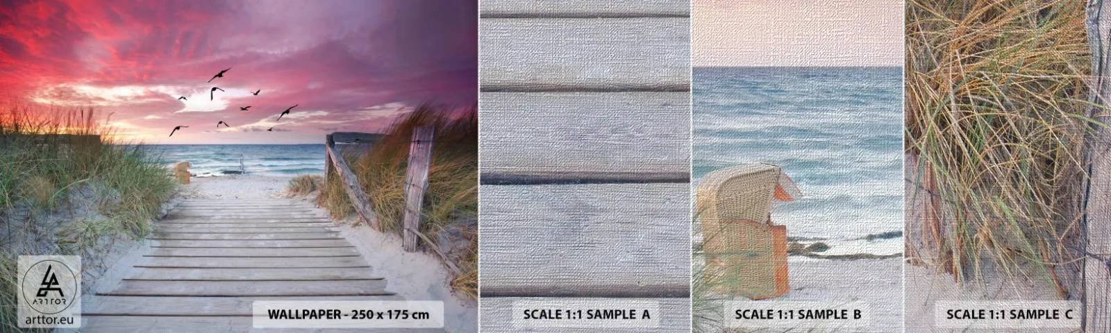 Amostra de papel de parede Premium Canvas - Impressão do Báltico - Paisagem Marítima, Praia, Pássaros - 100x30 cm