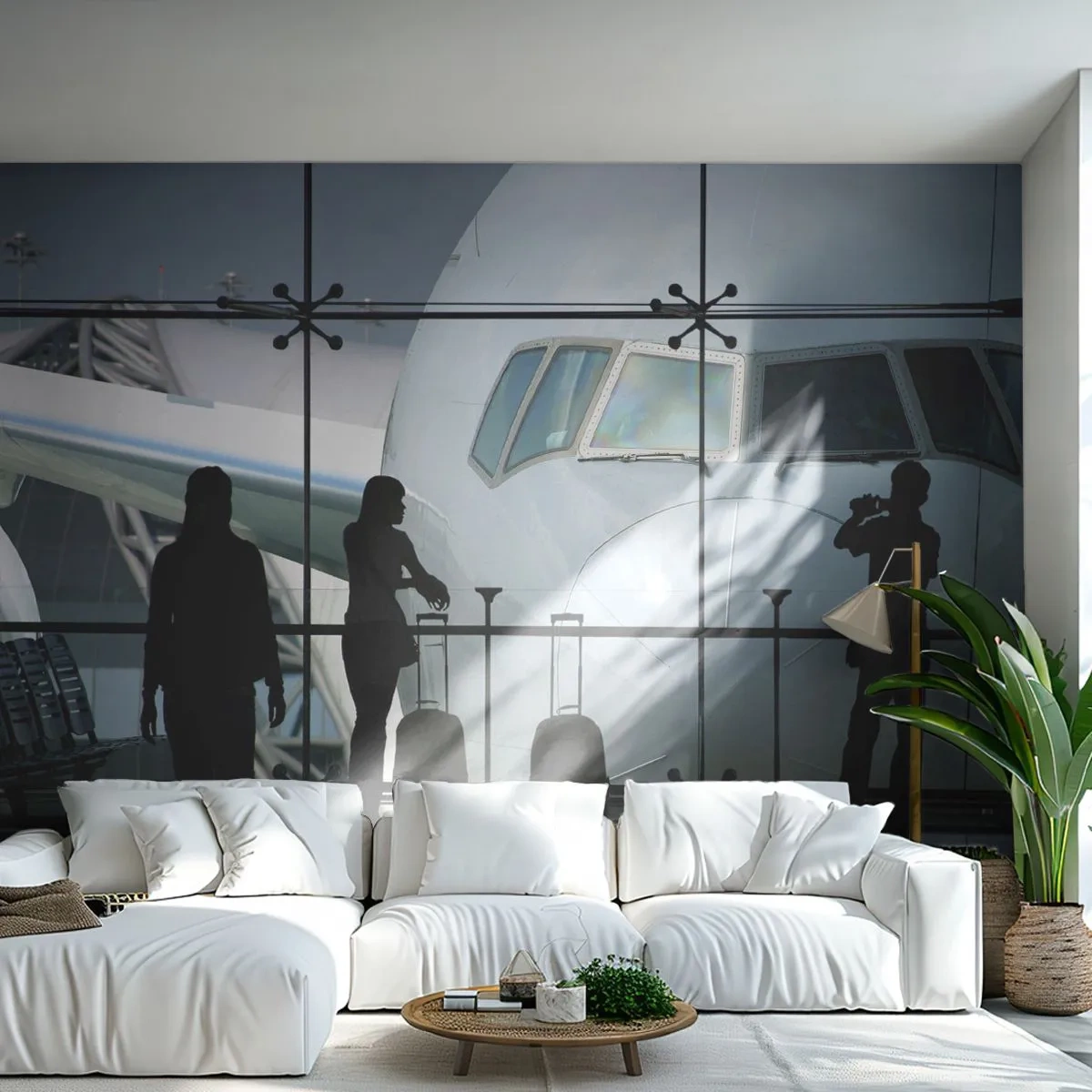 Papel de Parede Standard Eco - Vista de um avião de um terminal de aeroporto com silhuetas de pessoas - 100x70cm - Vis a vis no aeroporto - Decoração de parede moderna para a sala de estar e quarto ARTTOR