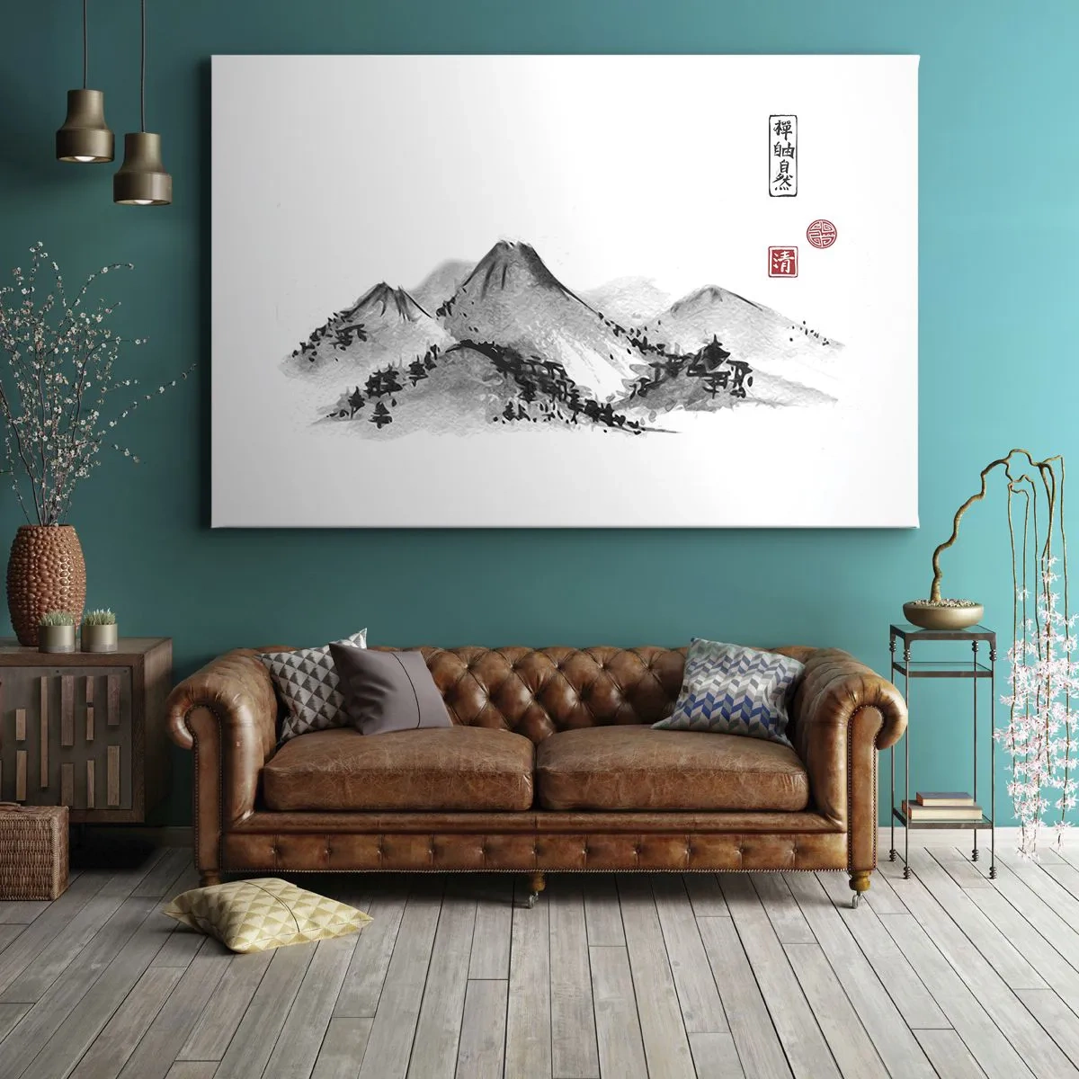 Quadro em tela - Paisagem montanhosa tradicional no estilo da pintura a tinta japonesa - 70x50cm - Para além do vale - Decoração de parede moderna para a sala de estar e quarto ARTTOR