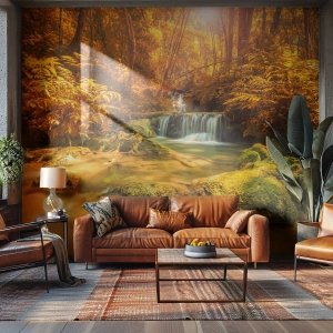 Papel de Parede Autocolante Deluxe Sticker - Cascata na floresta em ouro - Paisagem, Cachoeira, Tailândia - 150x105 cm