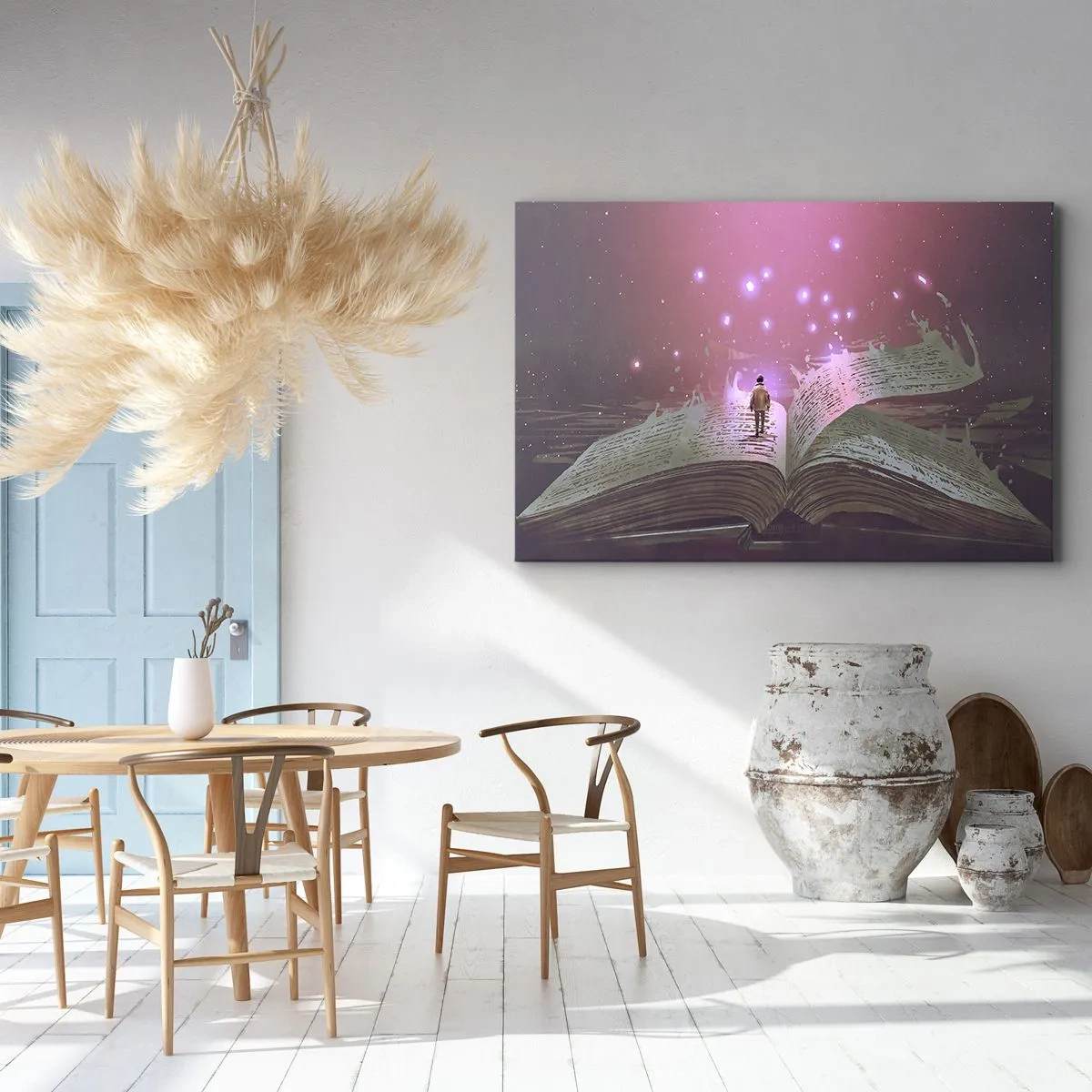 Quadro em tela - Uma figura pisa em um livro aberto em uma luz mágica. - 70x50cm - Um convite para outro mundo - leia! - Decoração de parede moderna para a sala de estar e quarto ARTTOR