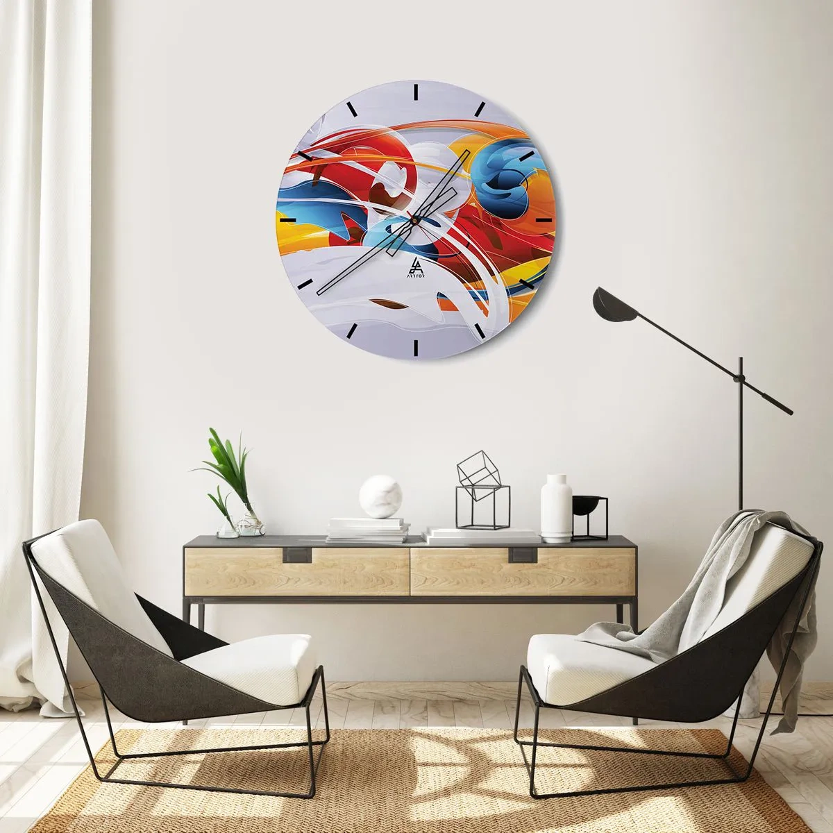Relógio de parede - Relógio em vidro - Formas abstratas em cores dinâmicas vermelho, azul e amarelo - 30x30cm - A dança dos elementos da natureza - Decoração de parede moderna para a sala de estar, cozinha e quarto ARTTOR