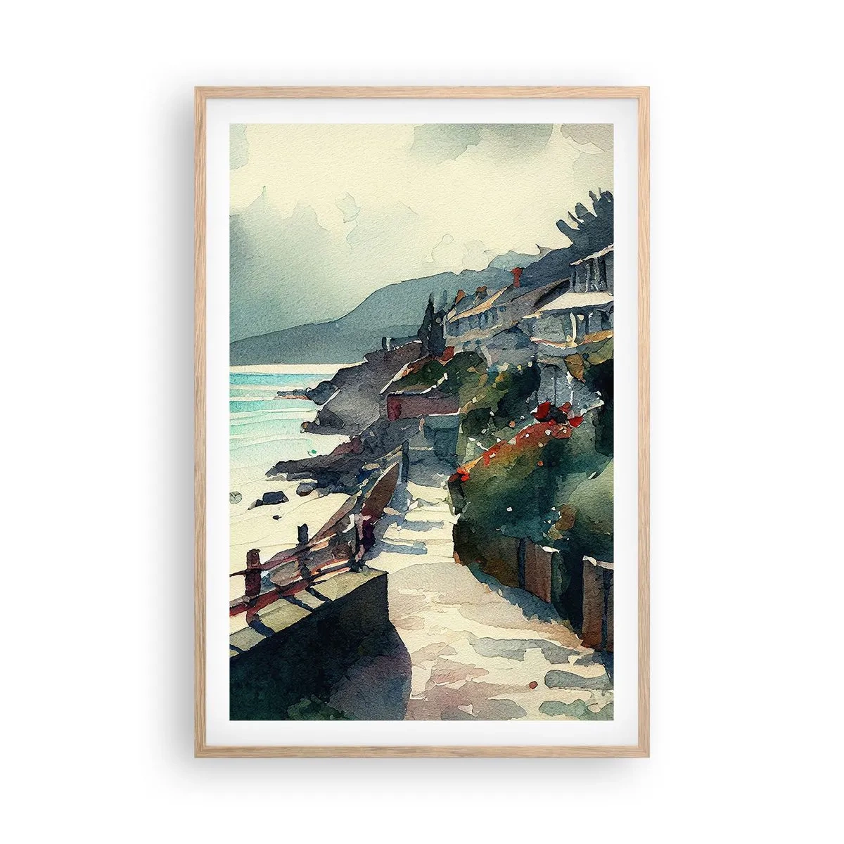 Pôster com moldura de carvalho claro - Cidade mediterrânea - 61x91 cm