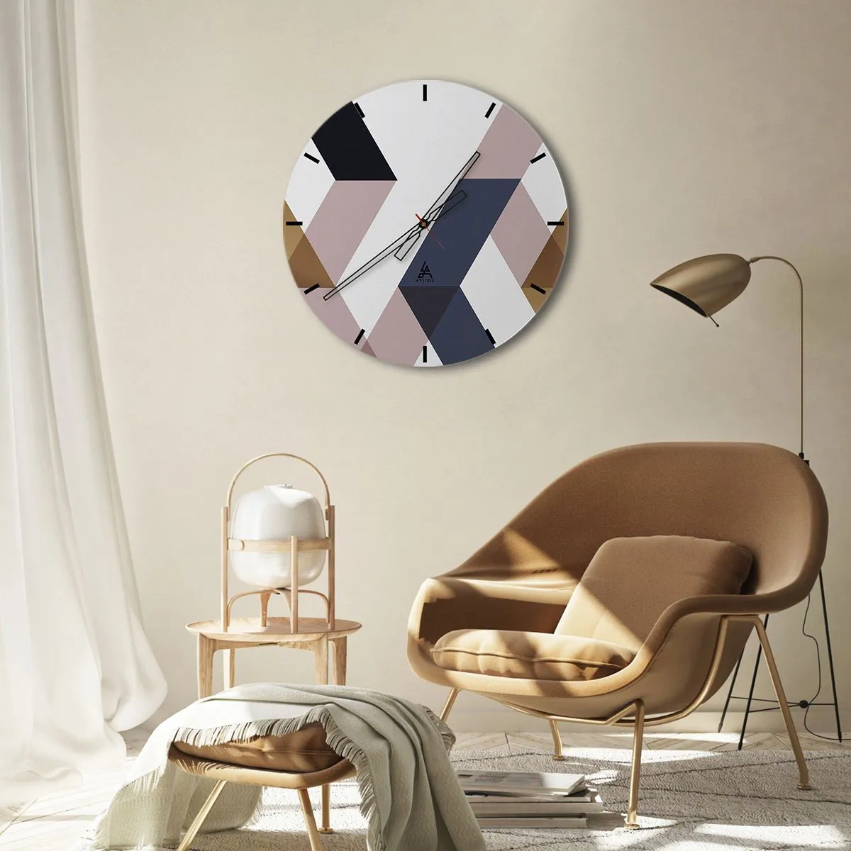 Relógio de parede - Relógio em vidro - Formas geométricas em tons de bege e marrom - 30x30cm - Planos e ângulos - Decoração de parede moderna para a sala de estar, cozinha e quarto ARTTOR